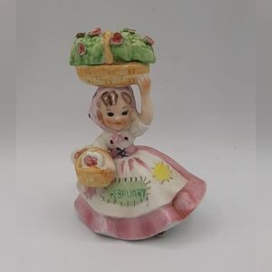 Vintage Lefton Country February Birthday Girl Basket on Head Porcelain Figurine
